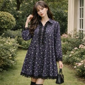 YAS Floral Lace Trim Dress Size M 100% Cotton